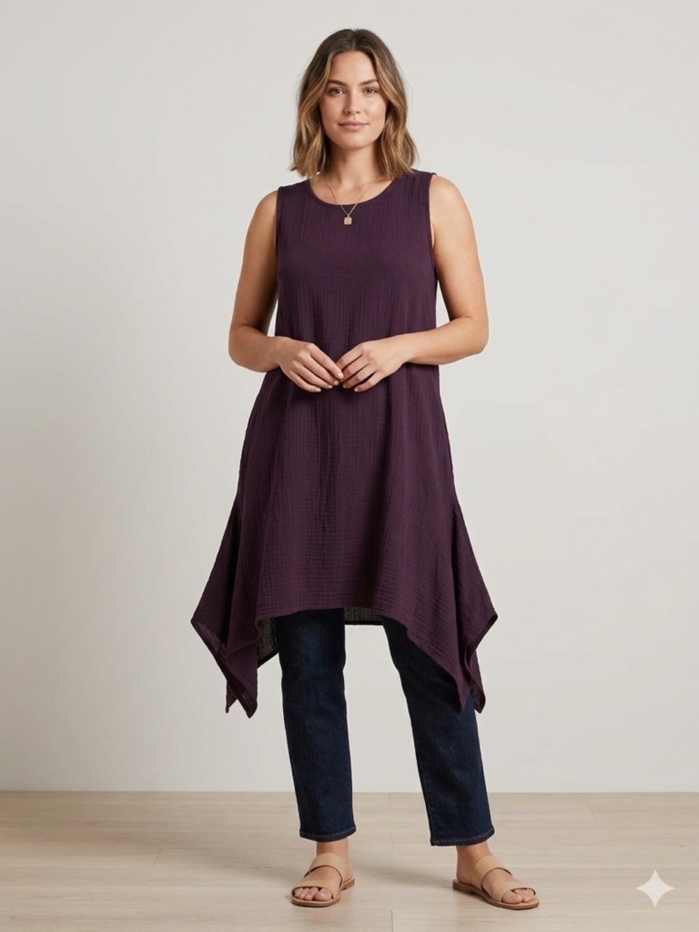 Kaliyana Sz S/M Burgundy Sleeveless Asymmetric Linen Blend Tunic Dress